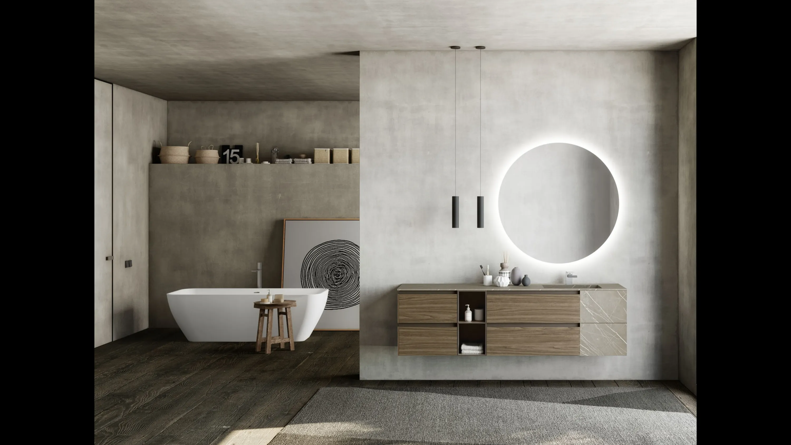 Mobile da Bagno sospeso M2 System 227 in melaminico Noce Canaletto e HPL di Baxar