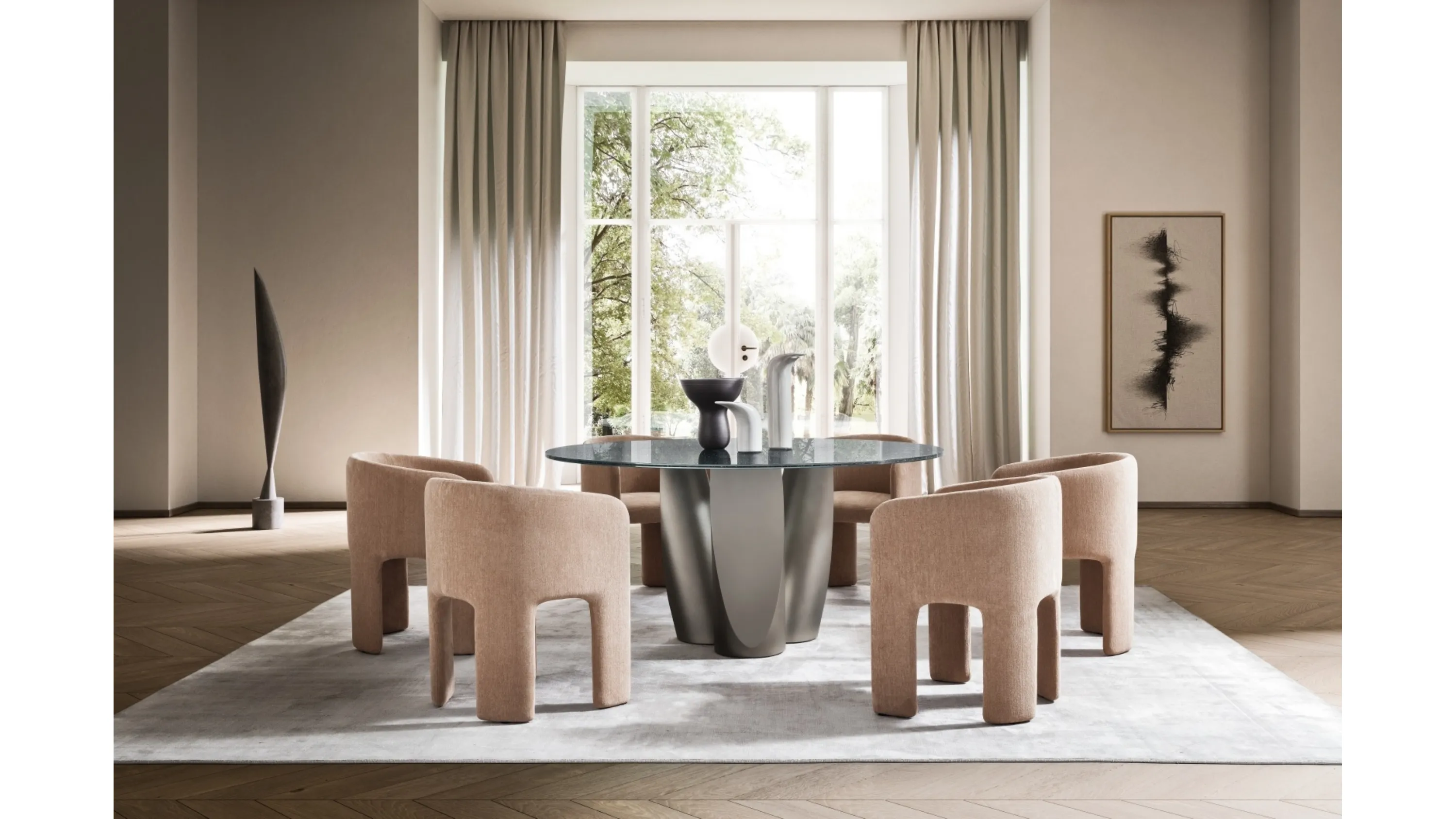 Tavolo rotondo di design Sentei con top in vetro e base in metallo di Ditre Italia
